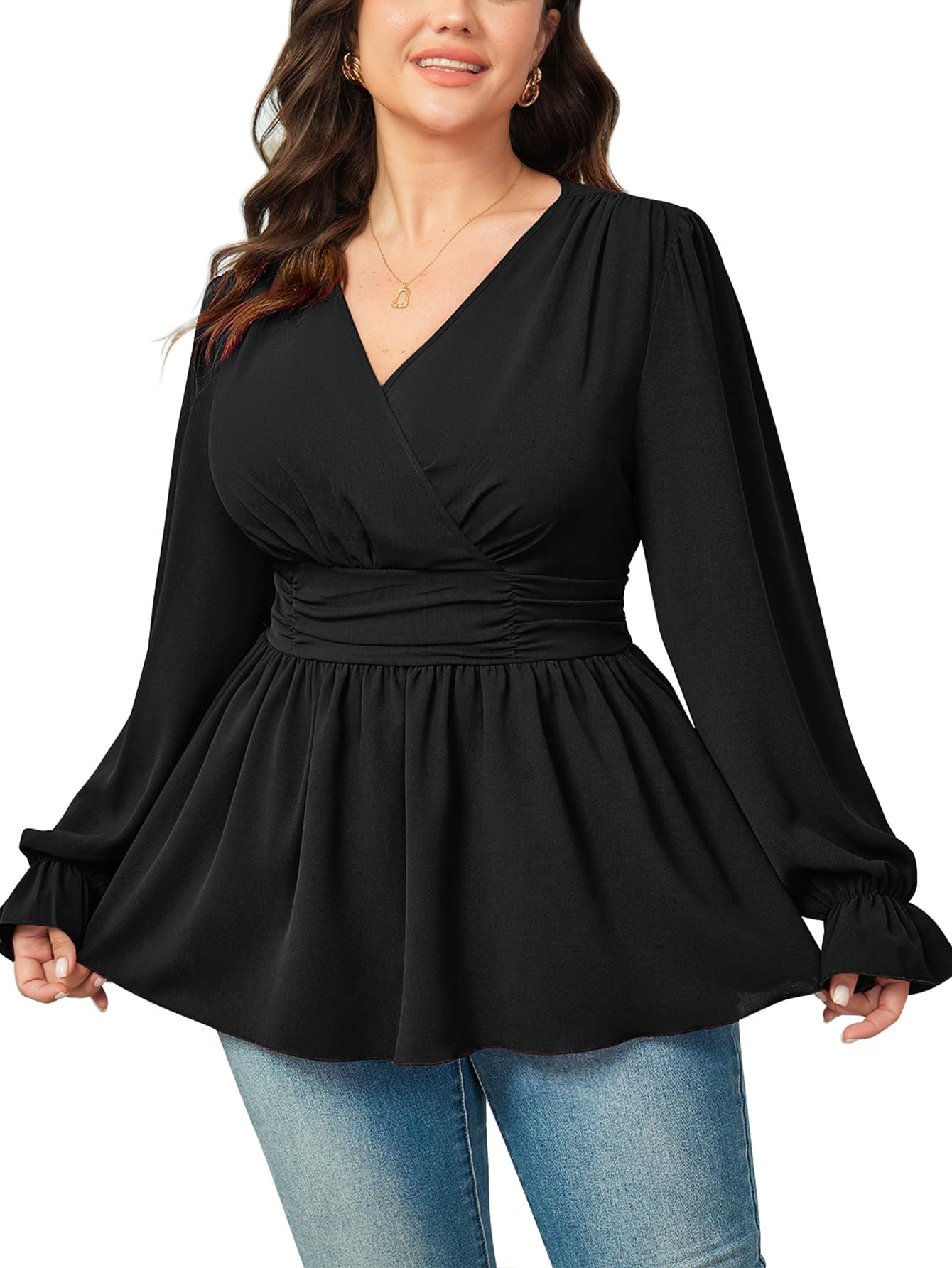 SHESTARR Womens Plus Size Tops Wrap Blouse V Neck Long Sleeve Ruffle Peplum Tops Casual Ruched Top Black