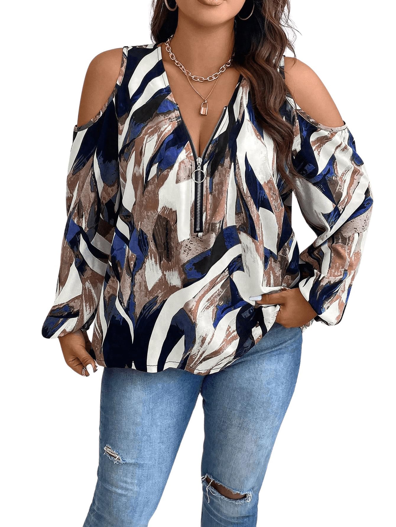 Cold Shoulder Bishop Long Sleeve Half Zip Tops