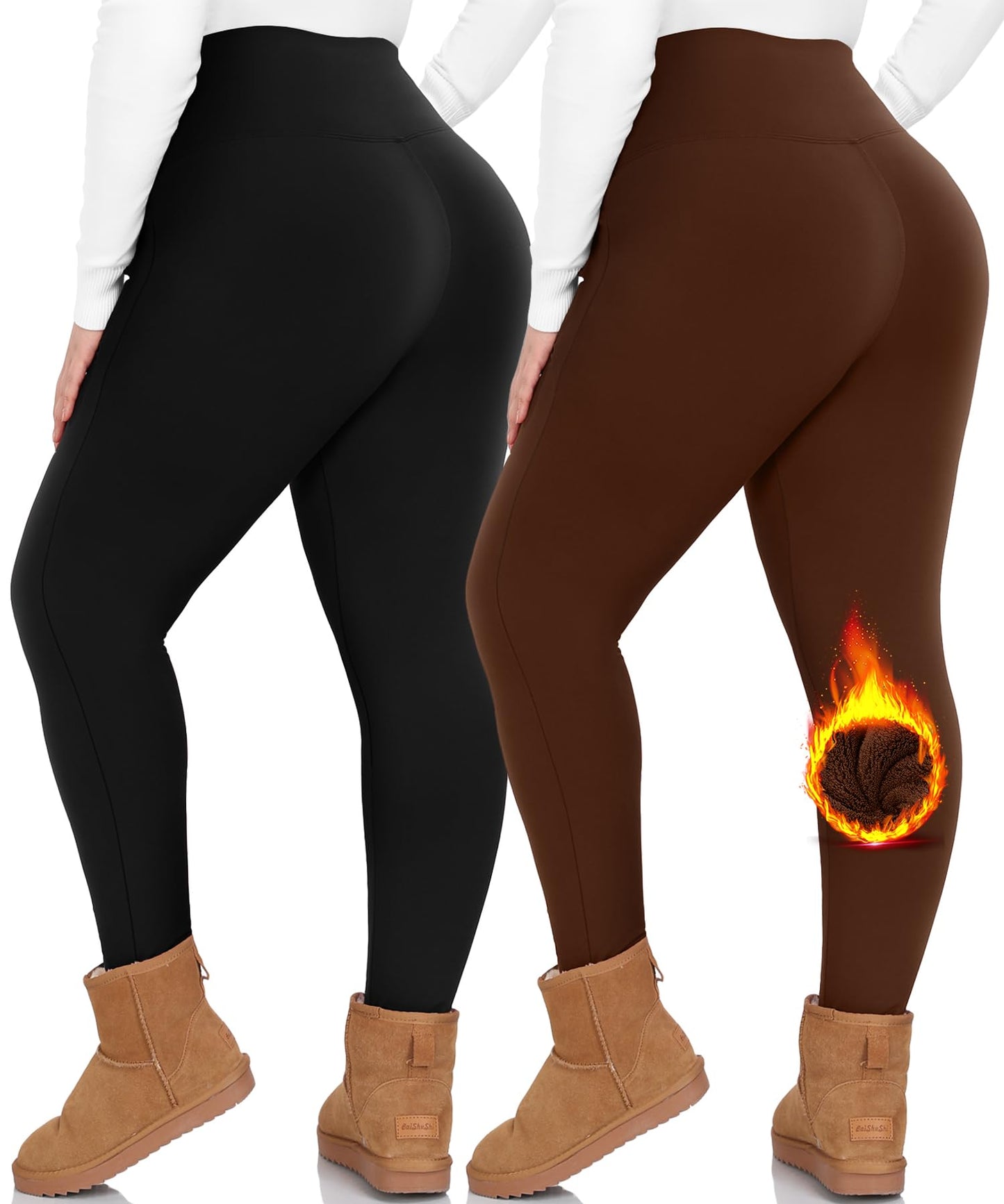 NEW YOUNG 2 Pack Plus Size Fleece Lined Leggings Women-1X-4X High Waist Winter Tummy Control Thermal Warm Yoga Pants Workout BlackBrown