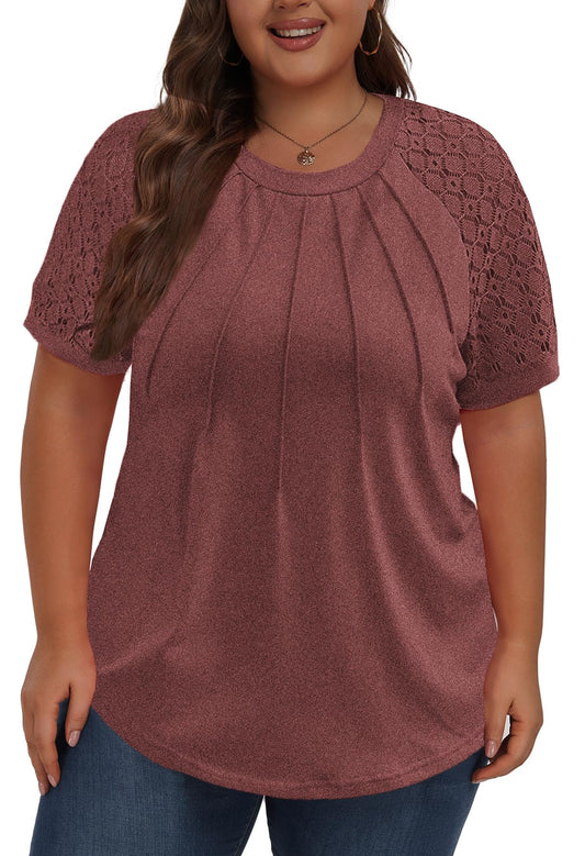 ForHailey Plus Size Shirts for Women Lace Tunic Tops Plus Size Clothes Summer Short Sleeve Tops T Shirt Red X-Large