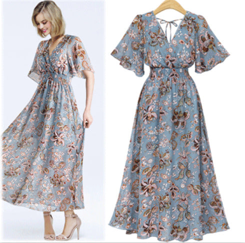 Plus Size Summer V-Neck Chiffon Maxi Dress for Women