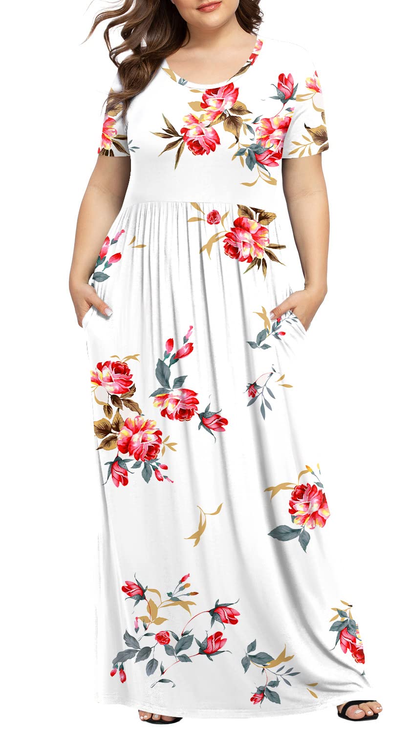 LONGYUAN Womens Short Sleeve Plus Size Swing Dress Maxi Long Wedding Dresses with Pockets Fl 6XL Floral White