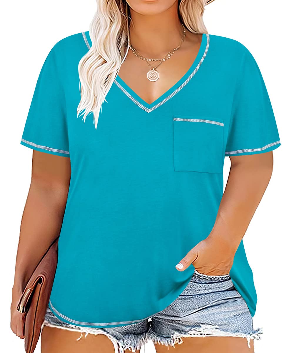 CARCOS Plus Size Short Sleeve Tops for Women Poket Tunic v Neck Pullover Casual T Shirt Light Green Summer Spring Blouse 2XL 16W 18W