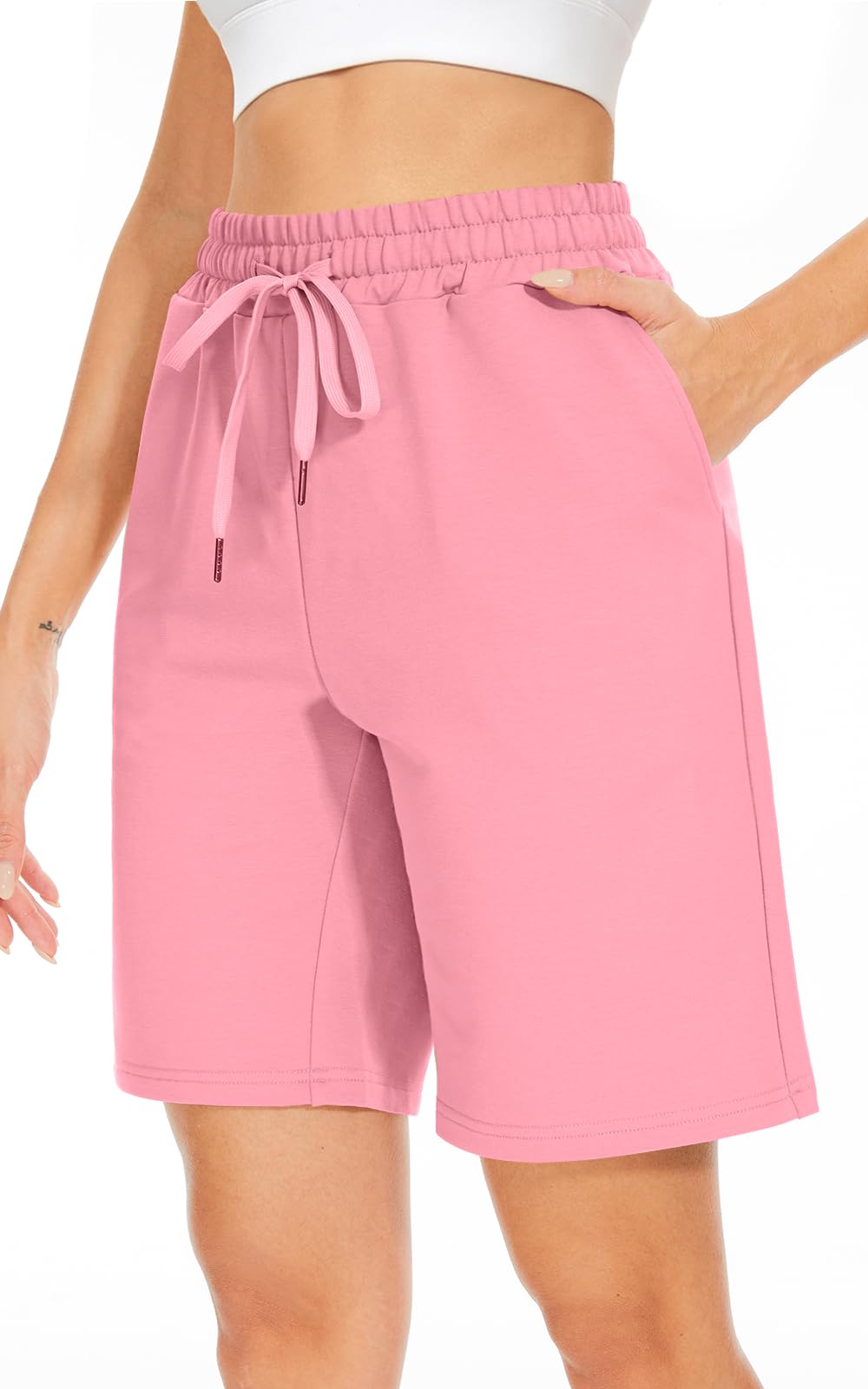 TARSE Womens Bermuda Shorts Plus Size Long Cotton Drawstring Loose with Pockets Knee Length Shorts Yoga Casual Walking Exercise Shorts(PeachPinkXXL)
