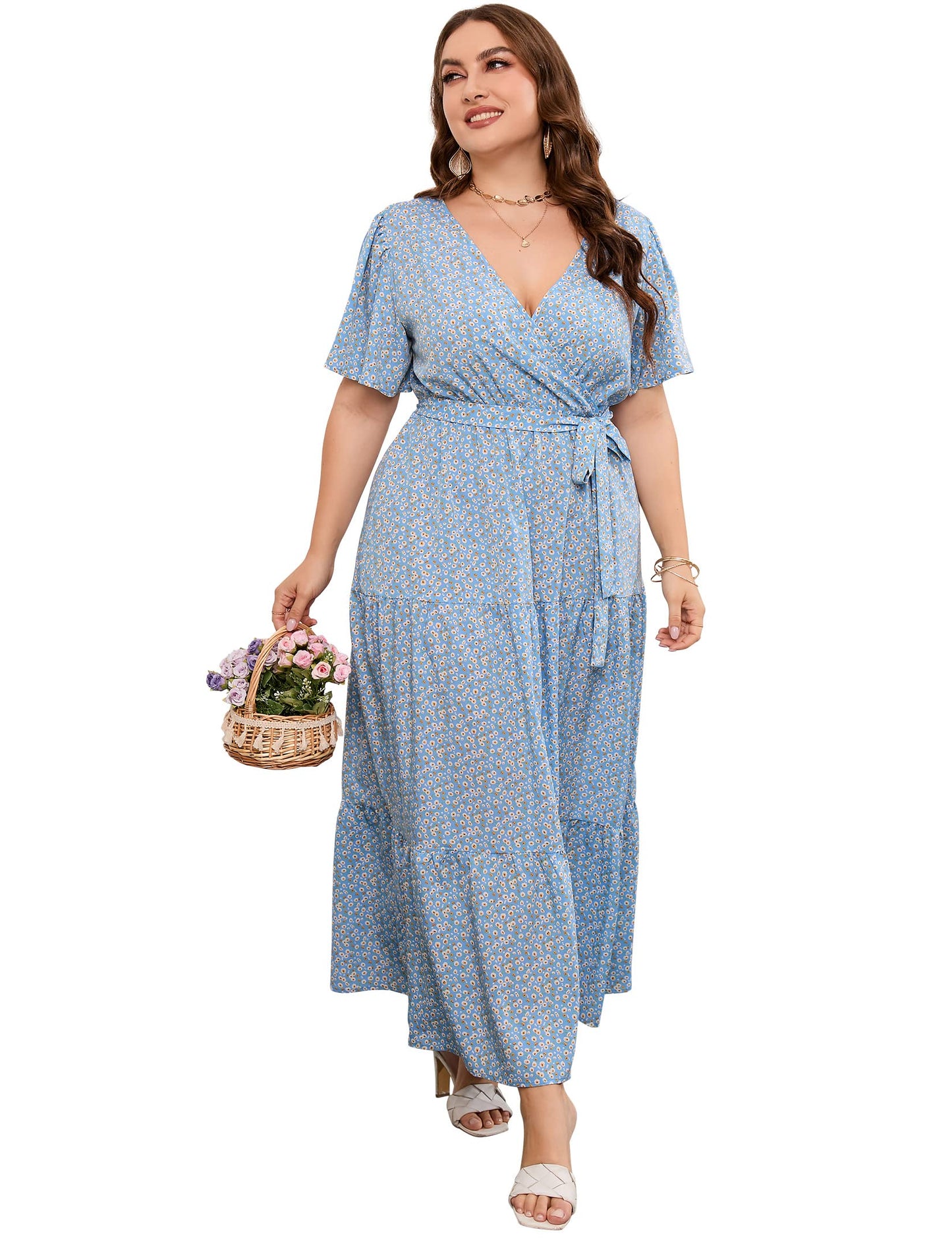 KOJOOIN Women Plus Size V Neck Wrap Maxi Dress High Waist Ruffle Summer Casual Dress with Belt Short Sleeve Blue Yellow XL