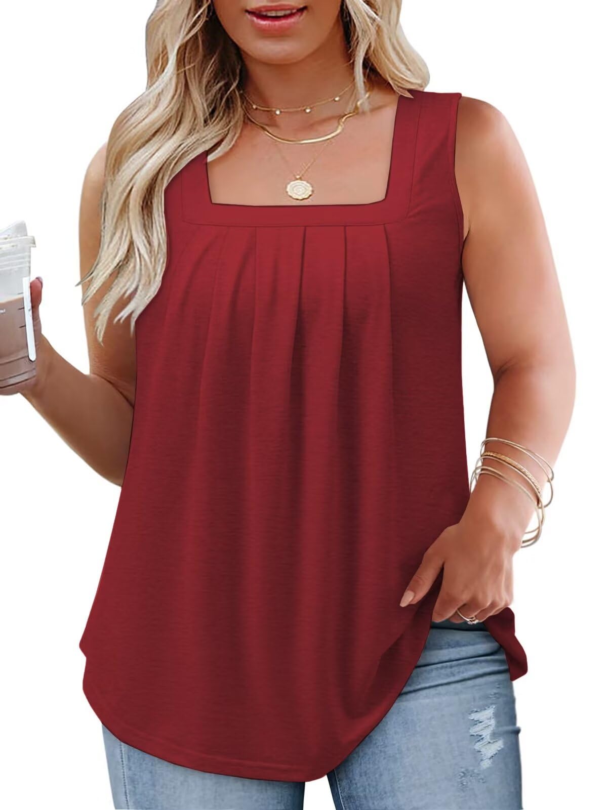 Plus Size Square Neck Tank Tops for Women Fashion Sleeveless Basic Tees Red XL