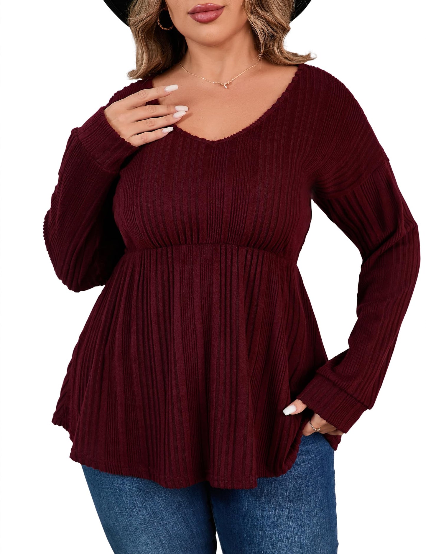 ShopWonder Women Plus Size Casual Tops Tunic Sweater V Neck Pullover Dressy Long Sleeve Loose Fit Blouse Shirt,Dark wine red3XL