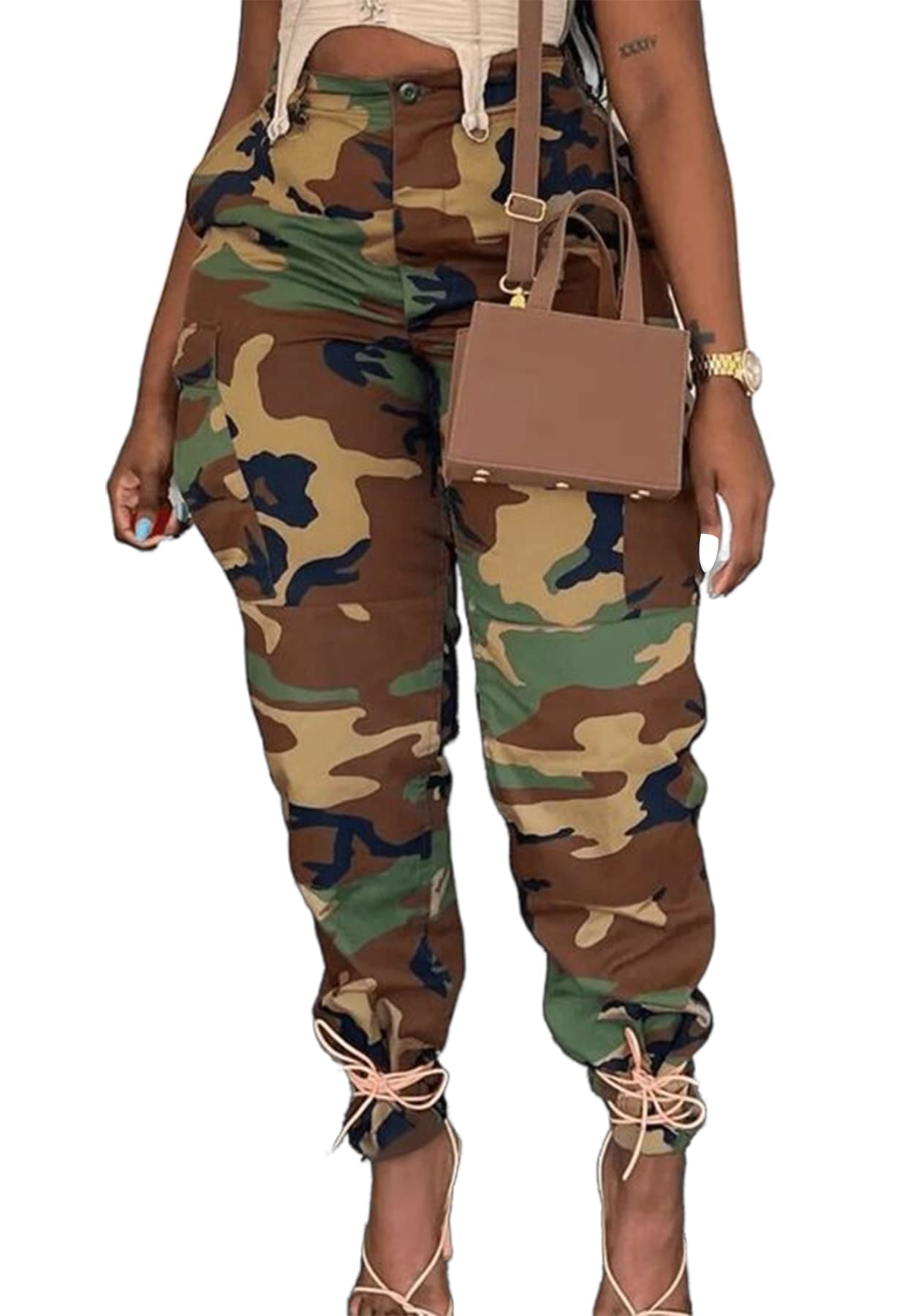 Womens Plus Size Cargo Camo Pants High Waist Slim Fit Camouflage Jogger Pants Sweatpants with Pockets