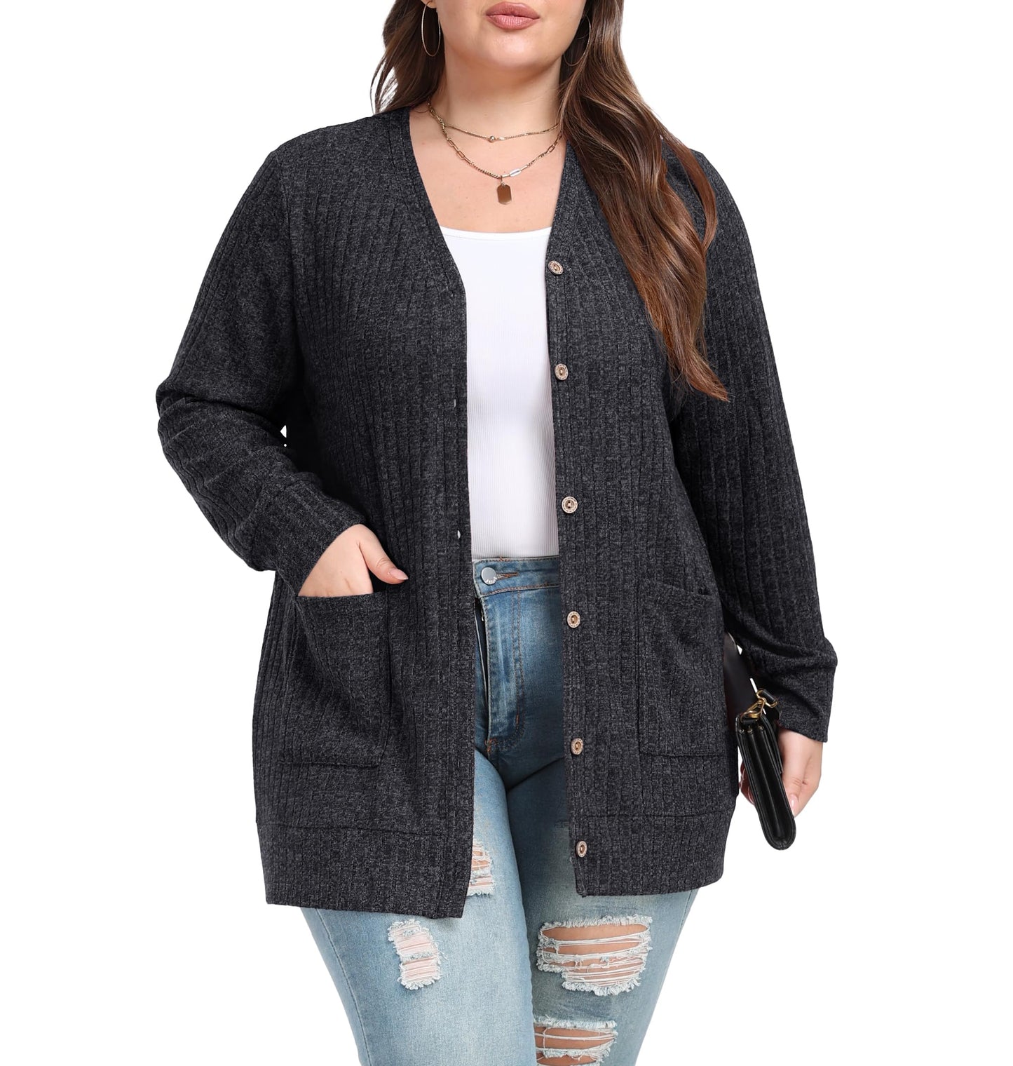OLRIK Plus Size Sweater Oversize Warm Cardigan with Pockets Dark Gray-3X