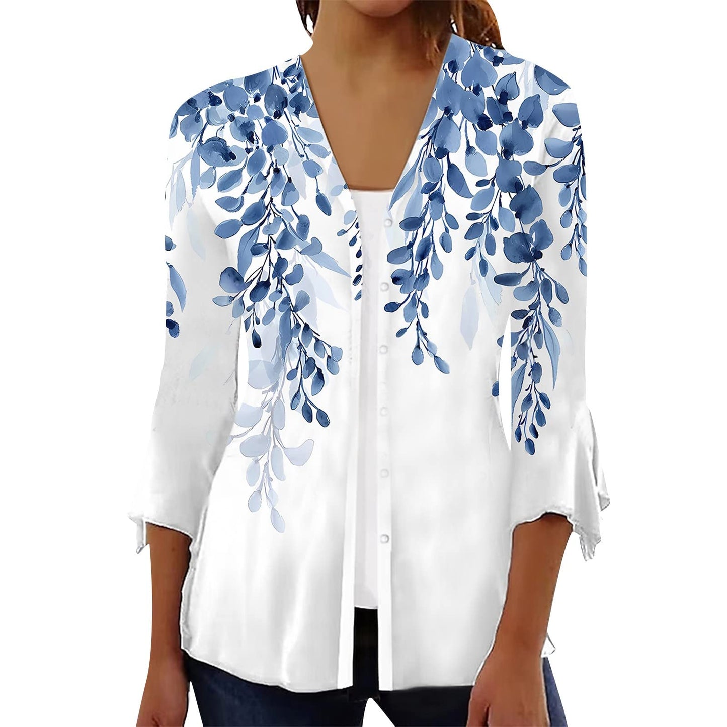 Generic Blue XXL Womens Casual 3/4 Sleeve Tunic Tops Bohemia Flower Button Up Shirt Women Fake Two Pieces Ladies Tops Flutter Sleeves Plus Size Women T-Shirt 2024