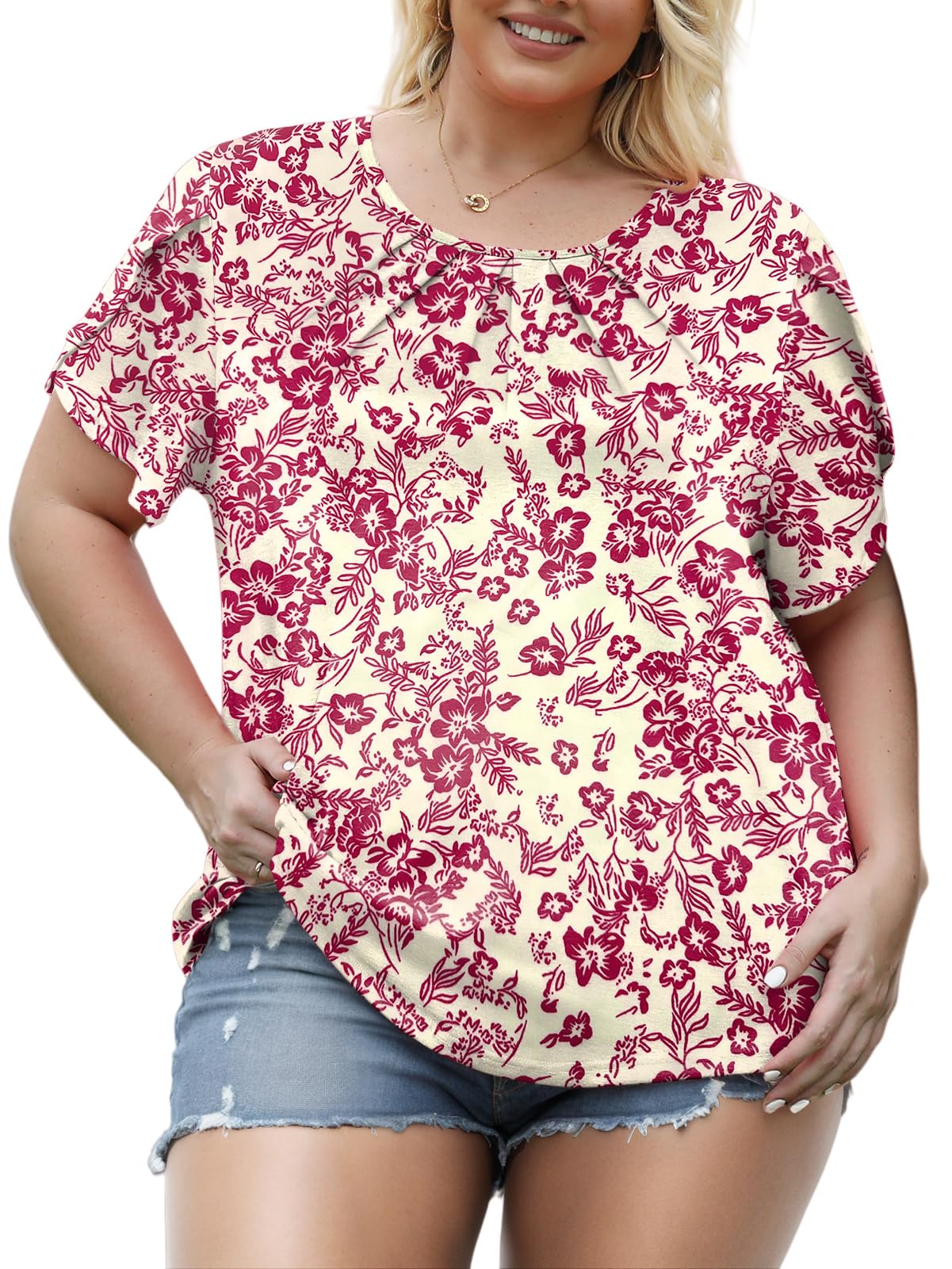Plus Size Tops for Women Summer Petal Short Sleeve Casual Crew Neck Floral Print Tunics 2XL