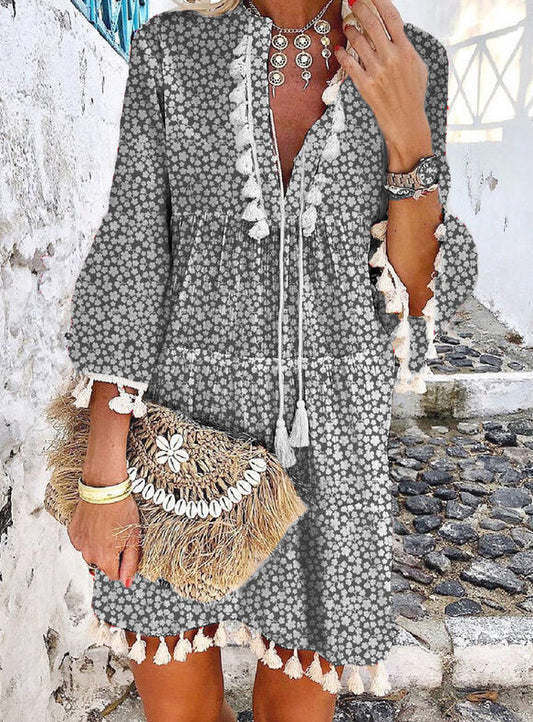 Plus Size Women’s V Neck Lace Up Tassel Dress