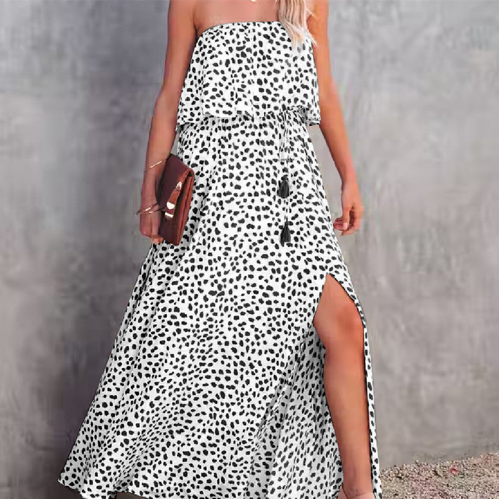 Leopard Floral Off-Shoulder Ruffled Slit Dress