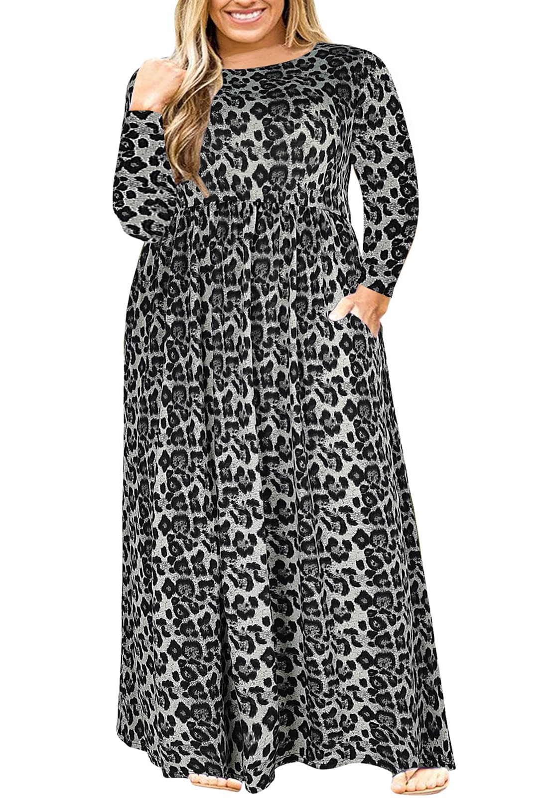 Nemidor Women Long Sleeve Loose Plain Casual Plus Size Long Maxi Dress with Pockets NEM269 (14 Black Leopard)