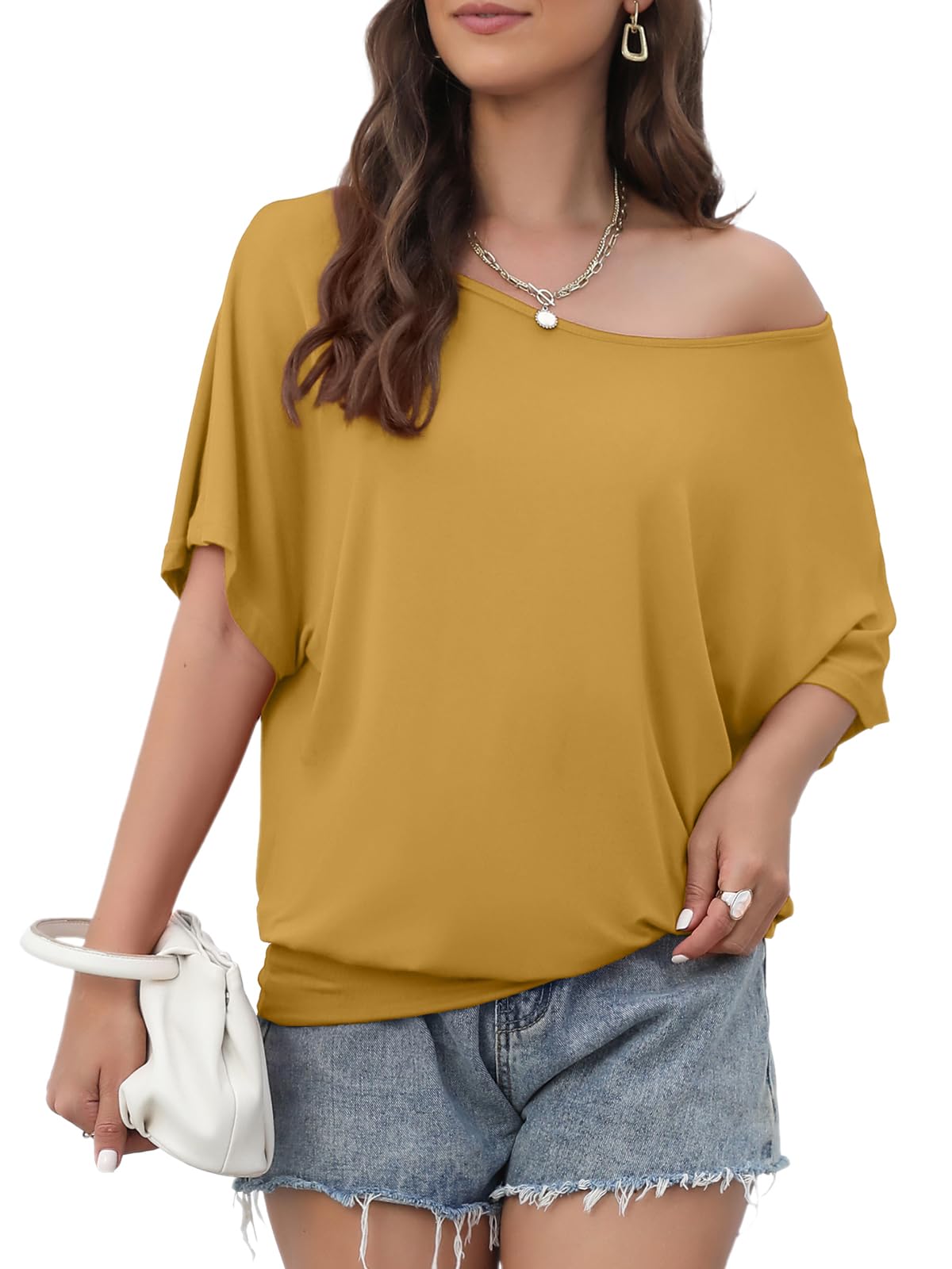 Lyrur Sexy Plus Size Off The Shoulder Tops for Women Summer Short Sleeve Boat Neck Knit Loose Fit Tees (XXL7005-Yellow)