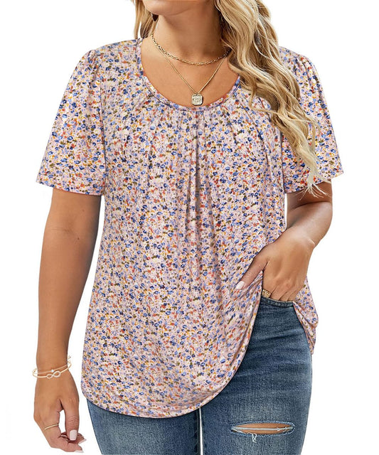 CARCOS Womens Plus Size Shirts 2X Floral Summer Pleated Flowy Tunic Tops Short Sleeve Yellow Pink Blue Blouses Crewneck Tees Casual Loose Fit T Shirts 2XL 18W 20W