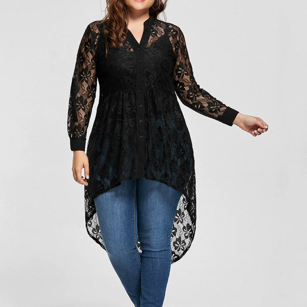 Plus Size Elegant Lace Long Sleeve Blouse for Women