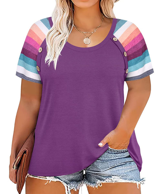 TIYOMI Womens Plus Size Tops Raglan Sleeve T Shirts Round Neck Tees Rainbow Sleeve Button Decor Sleeve Tunic Blouses Casual Fashion Loose Fit Tees Outwear