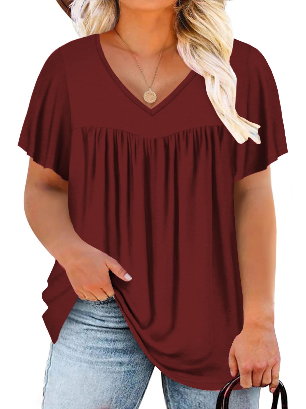 VISLILY Plus Size Women Tops Cute Ruffle Sleeve V Neck Comfy Pleated Wine Red Shirts Xl