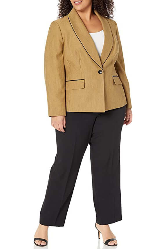 Le Suit V-Neck Long Sleeve Shawl Collar One Button Closure Mini Herringbone Jacket with Mid Waist Elastic Back Waist Solid Slim (Plus Size)