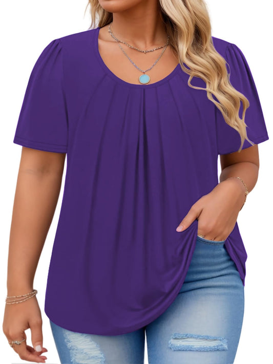 Plus Size Tops for Women 2X Casual Short Sleeve Shirts Pleated Flowy Trendy Summer Tunics Purple