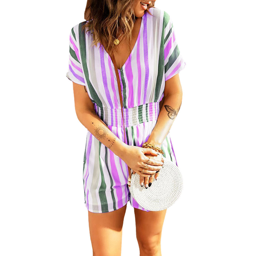 Striped V-neck Button Jumpsuit for Plus Size Women