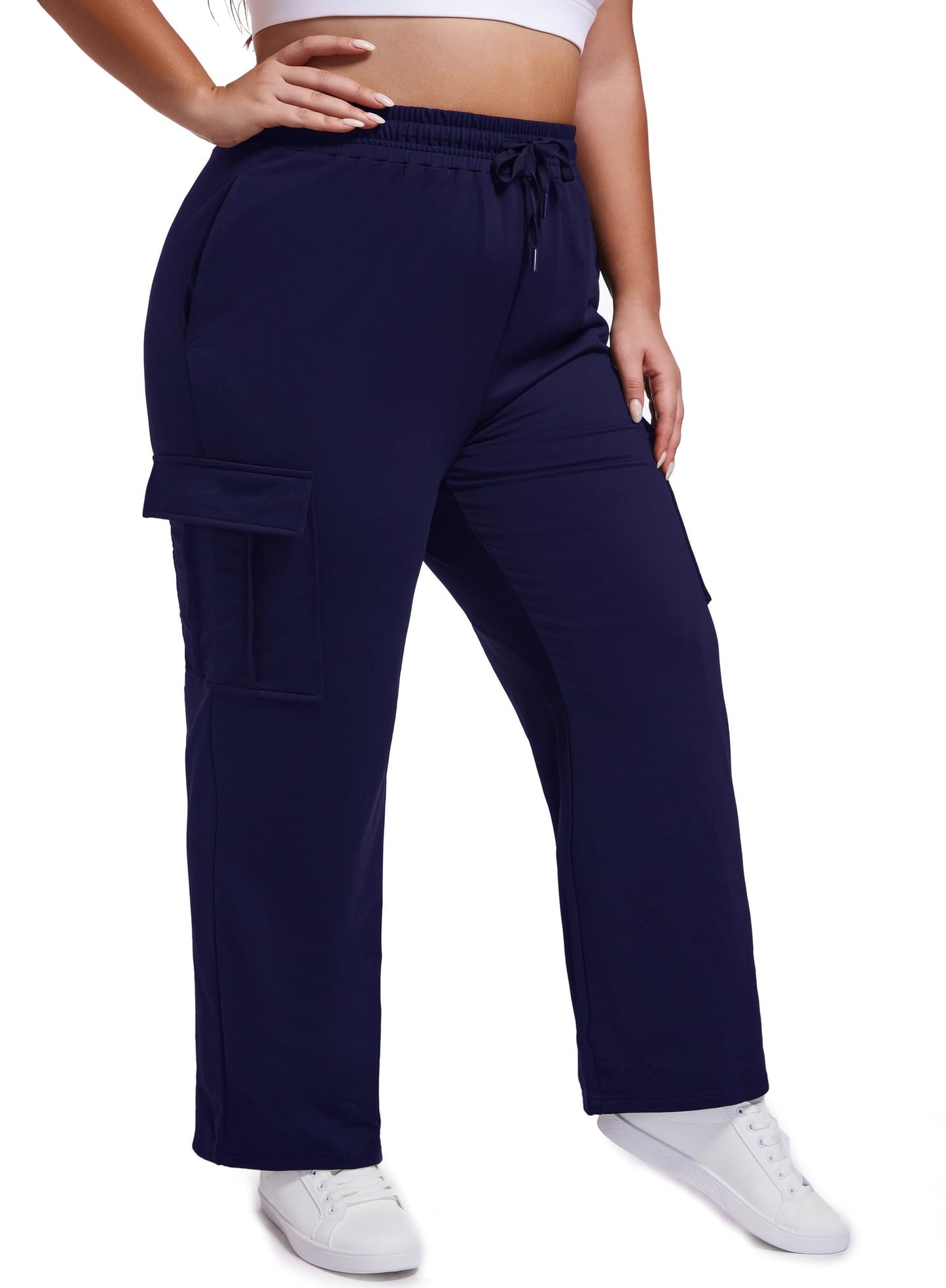 SEKINO Womens Plus Size Cargo Sweatpants Casual Wide Straight Leg Pants Drawstring High Waisted Joggers Pants Navy 5X