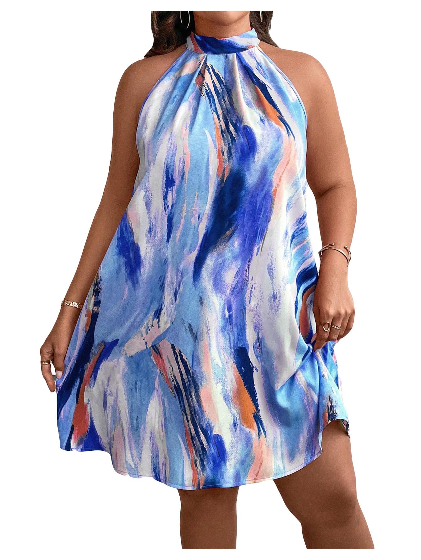 Verdusa Womens Plus Size Tie Back Halter Neck Sleeveless Short Tunic Dress Blue 1XL