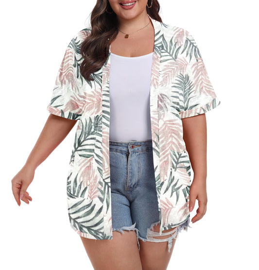 OLRIK Plus Size Cardigan for Women Summer Boho Beach Cover Ups with Pockets White Palm Leaf-2X