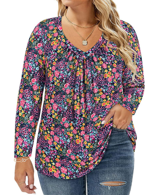 CARCOS Womens Plus Size Long Sleeve Tops Vneck Tunics Front Pleated Pink Blue Floral Shirts for Fall Winter 2XL 18W 20W