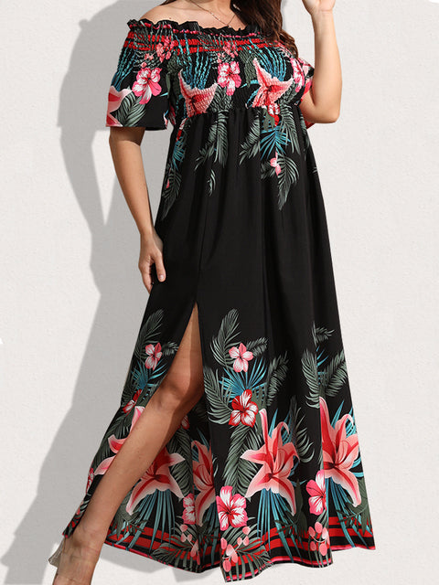 Plus Size Tropical Print Off Shoulder Maxi Dress