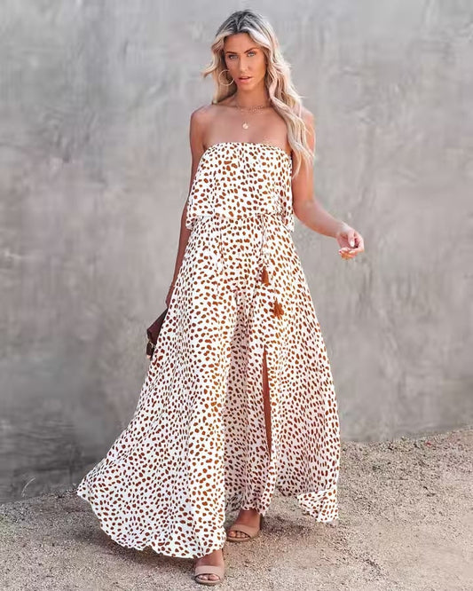 Leopard Floral Off-Shoulder Ruffled Slit Dress