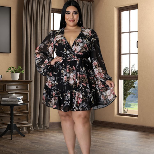 Plus Size Floral Print Chiffon V-Neck Long Sleeve Dress