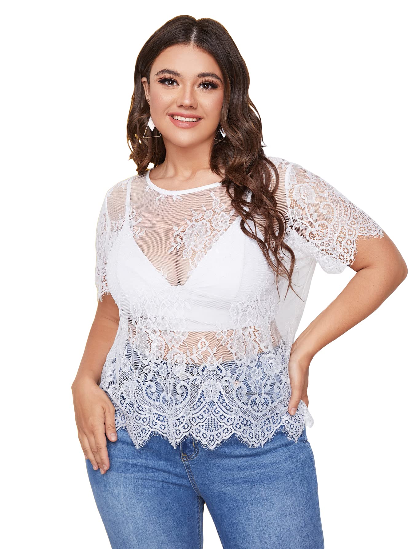 WDIRARA Womens Plus Size Sheer Mesh Lace Top Sexy Scallop Trim Blouse White 4XL