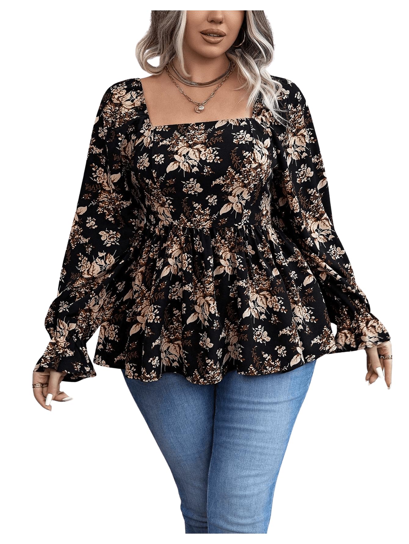 WDIRARA Womens Plus Size Floral Print Square Neck Flounce Long Sleeve Blouse Boho Peplum Top Black 4XL