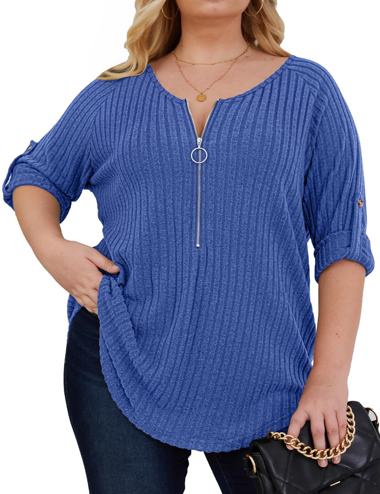 Zamowoty Womens Plus Size Sweater Quarter Zip Knit Pullover Womens Plus Size Tops 3/4 Length Sleeve Work Blouses for Women Professional Plus Size Tops for Curvy Women Work Shirts Navy Blue 5XL