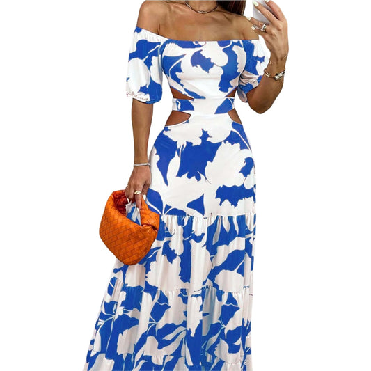 LIGHT DOT Womens Summer Dress Off Shoulder Tropical Maxi Dress Hawaiian Luau Beach Dress (BlueXL)