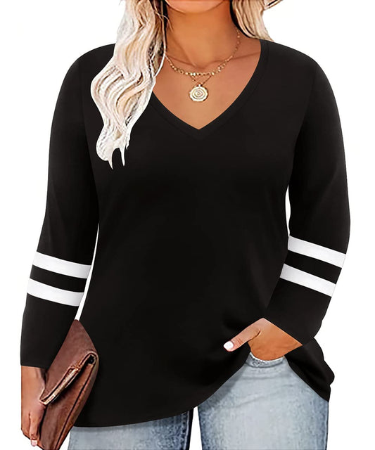 CARCOS Womens Plus Size Tops 3X Black Color Block Long Sleeve Shirts White Striped Tshirts Basic Vneck Fall Blouses Winter Tunics 3XL 20W 22W