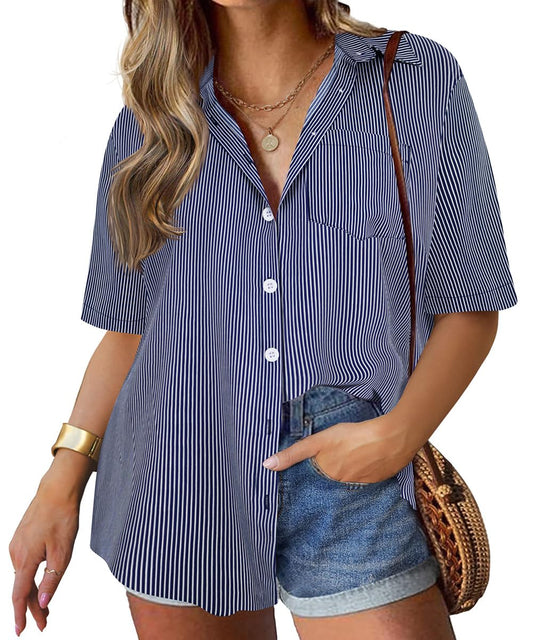 TIYOMI Plus Size Womens Short Sleeve Striped Shirts 2X American Flag Blue Stripe Tops Work Button Down Blouse Summer Loose Fit Blouses 2XL 18W 20W