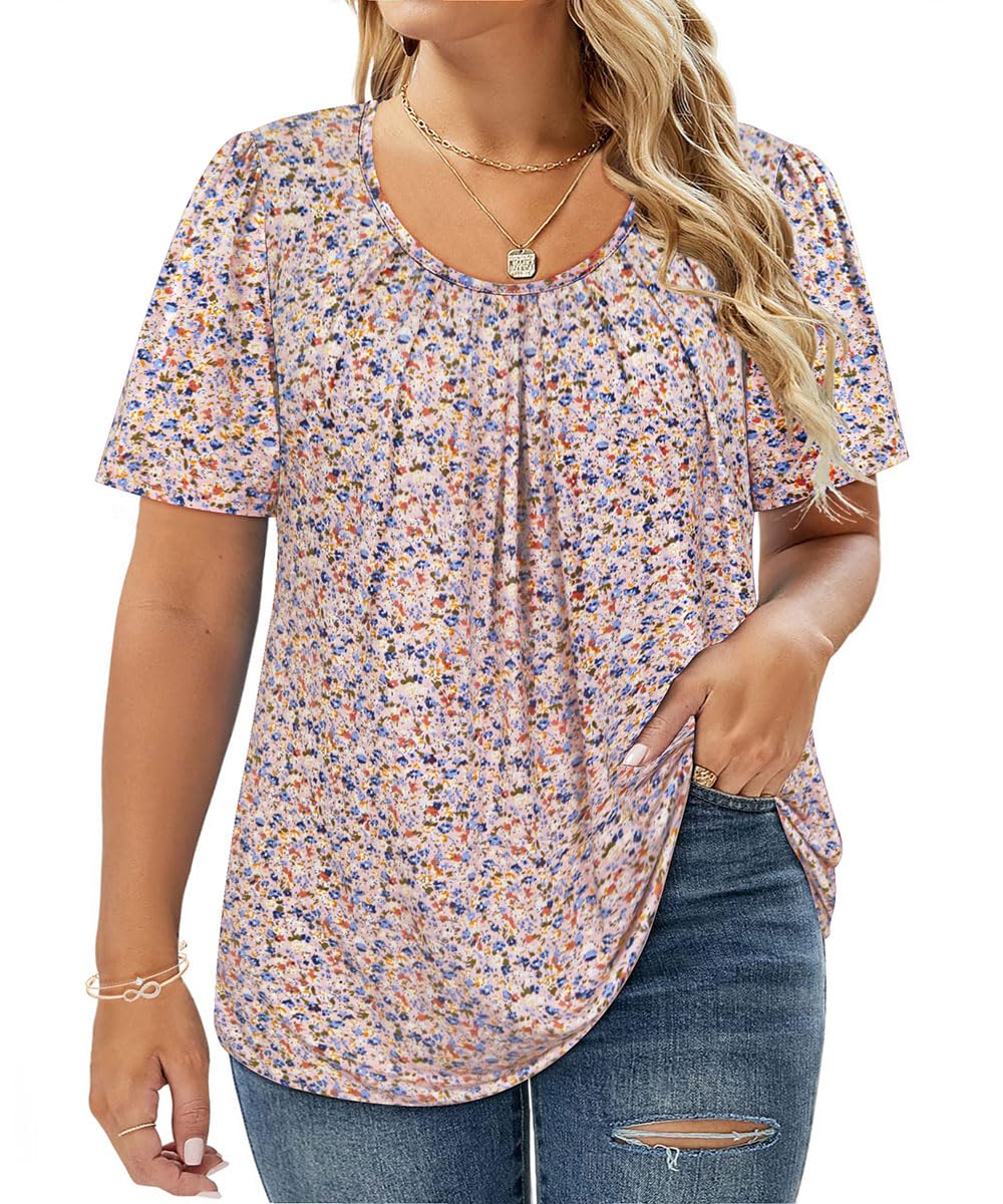 CARCOS Womens Plus Size Shirts 2X Floral Summer Pleated Flowy Tunic Tops Short Sleeve Yellow Pink Blue Blouses Crewneck Tees Casual Loose Fit T Shirts 2XL 18W 20W