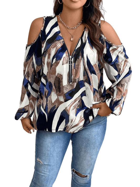 Cold Shoulder Bishop Long Sleeve Half Zip Tops