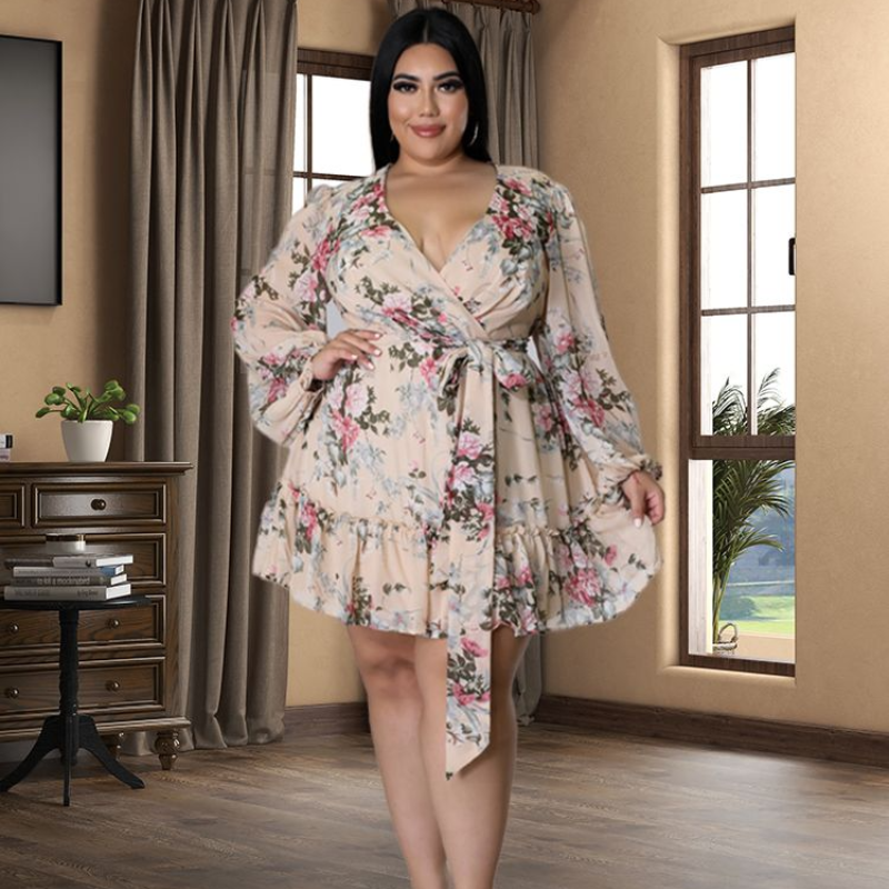 Plus Size Floral Print Chiffon V-Neck Long Sleeve Dress