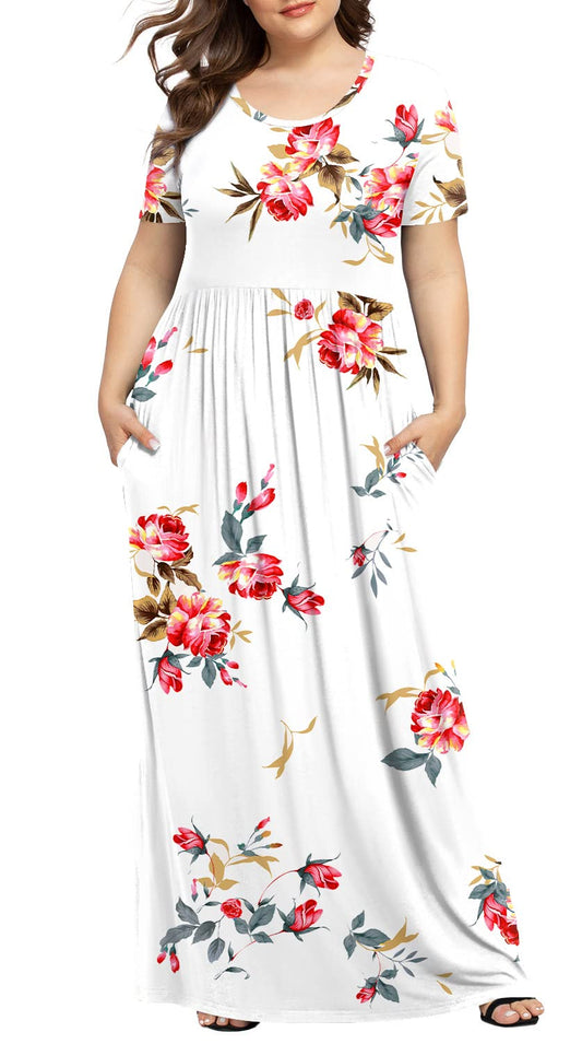 LONGYUAN Womens Short Sleeve Plus Size Swing Dress Maxi Long Wedding Dresses with Pockets Fl 6XL Floral White