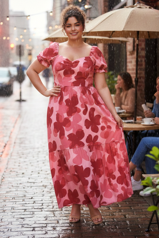 Plus Size Women’s Pink Floral Maxi Dress – Romantic Puff Sleeve