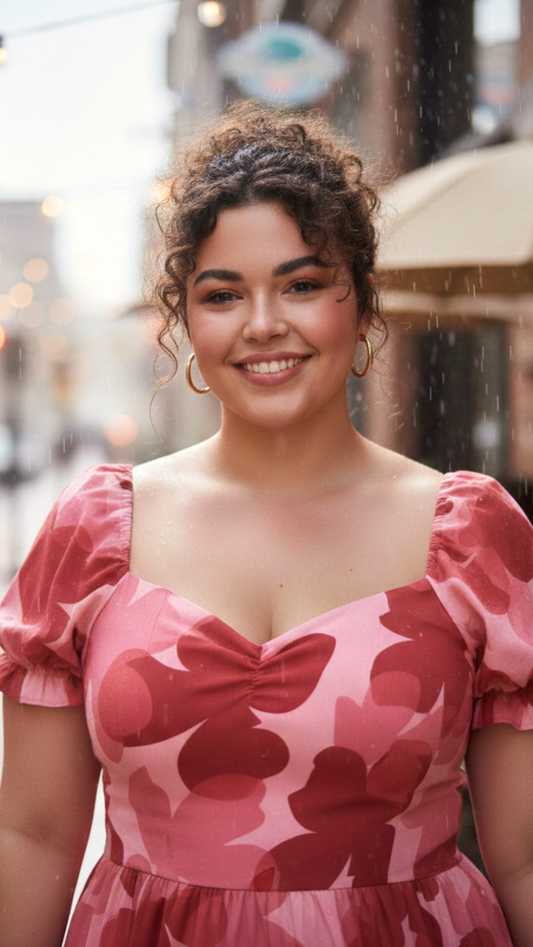 Plus Size Women’s Pink Floral Maxi Dress – Romantic Puff Sleeve