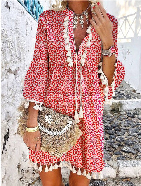 Plus Size Women’s V Neck Lace Up Tassel Dress