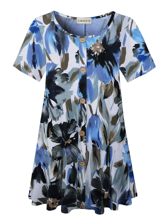 LARACE Plus Size Tunic Tops for Women Summer Short Sleeve Buttons Loose Fit Shirts（A-Blue35 5X）
