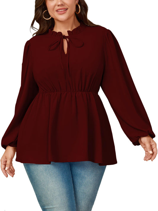 Womens Plus Size Blouse Tops Long Sleeve Tie Front Work Tops Dressy Casual Flowy Ruffle Peplum Tops for Women Burgundy