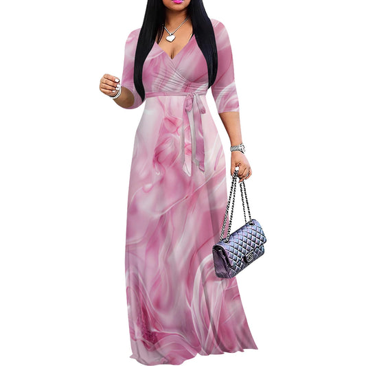 Womens Floral Maxi Dress 3/4 Sleeves V Neck Cocktail Party Dress Wrap Dresses with Belted