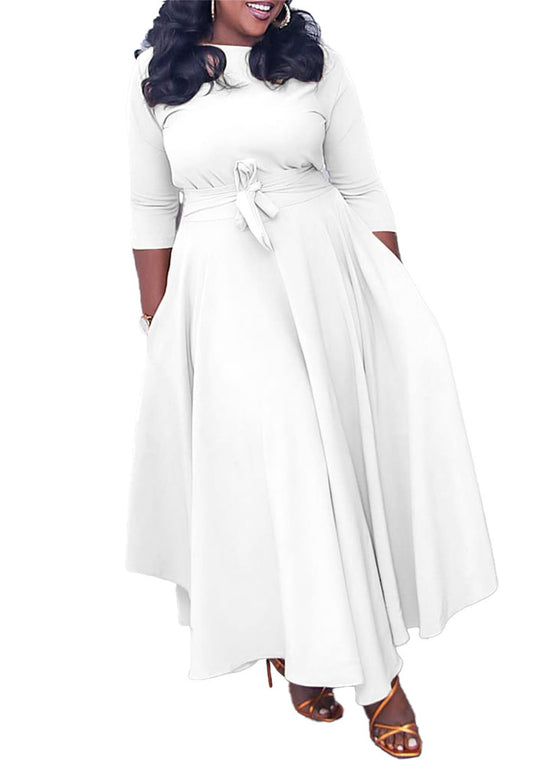 Fall Plus Size Maxi Dress for Women Long Sleeve Swing Dress with Belt White